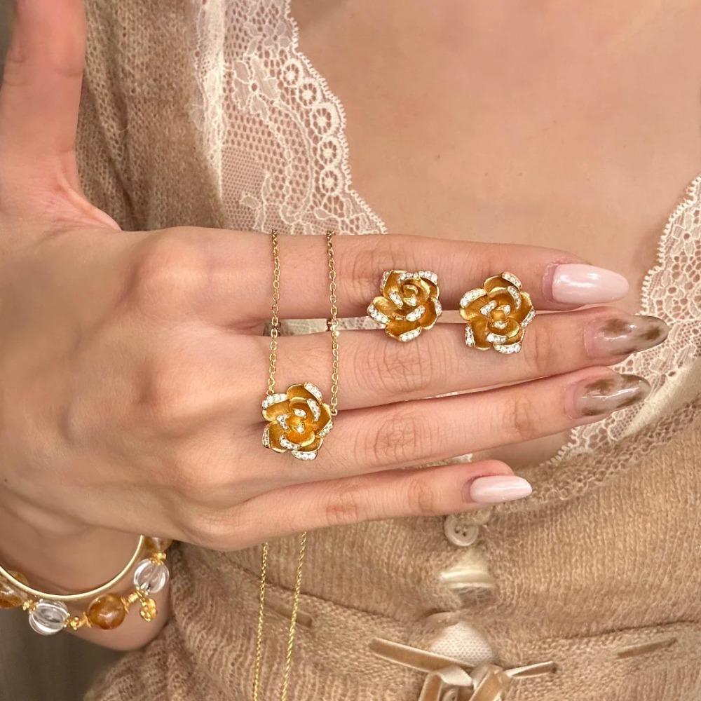 New Chinese Style Camellia Necklace French Vintage Rose Earrings Women Jewelry Set