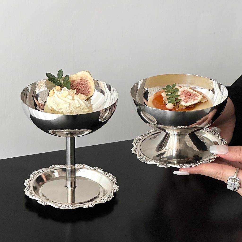 BRStainless Steel Dessert Bowl Silver Tall Ice Cream Cup Dessert Tray Tableware Pudding Plate Milkshake Cup Metal BowlEY