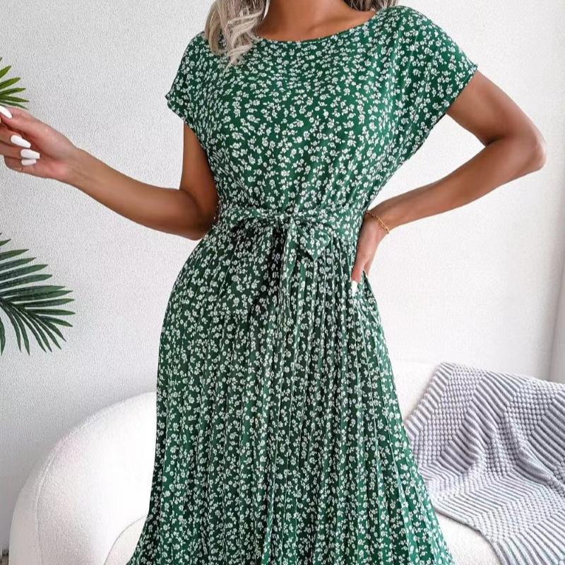 

Весенне-летнее женское плиссированное длинное платье с коротким рукавом и высокой талией XXXL зелёный