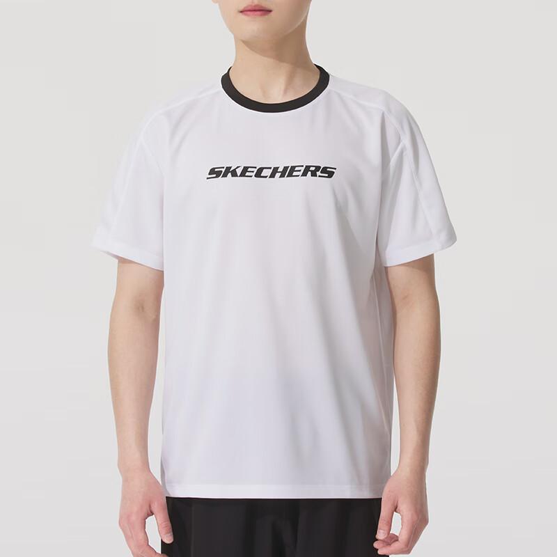 Skechers Fashion Sports Series Comfortable Breathable Pullover Casual Short Sleeve T-Shirt Unisex Tops Bright-White P225U124-0019