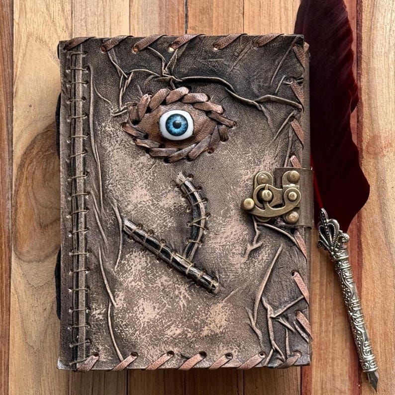 Handmade Leather Spellbook Journal - 7x5 Inch Fantasy Notebook with Eye Design, , Gothic Horror Grimoire, Evil Eye, Halloween