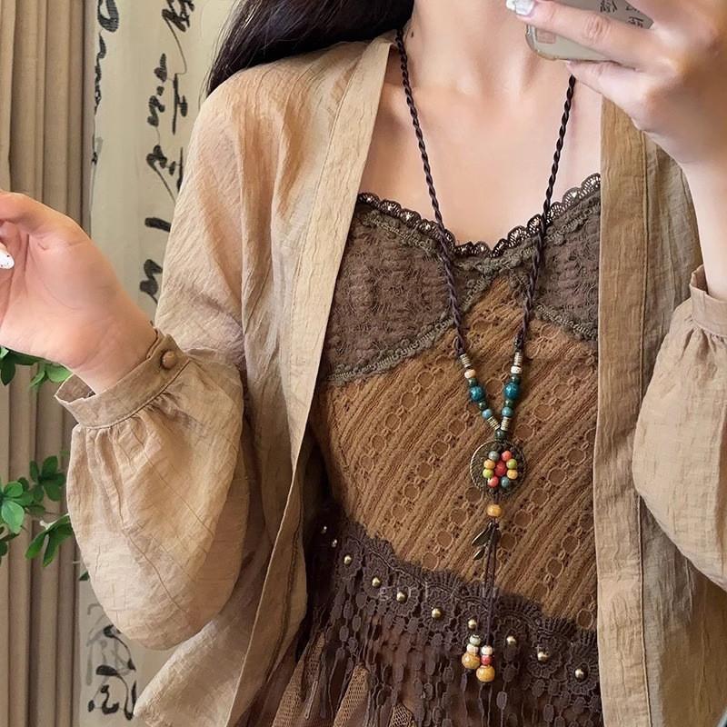 Boho Wooden Beaded Long Necklace Collar Decoration Female Jewelry Neck Accessories Ethnic Style Handmade Pendant Sweater Chain