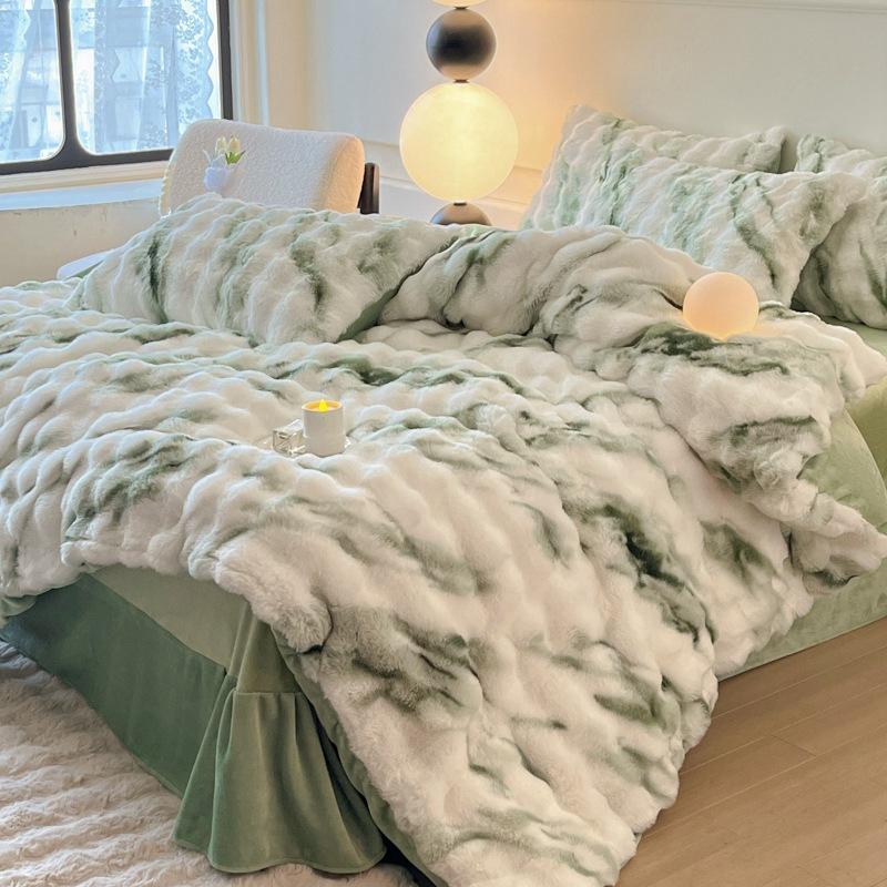 Rabbit Fleece Four-Piece Light Luxury Thickened Milk Fleece Bed Warm Double-Sided Fleece Quilt Cover Mattress Model