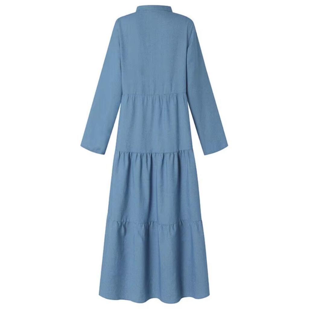 New Women's Casual Washed Solid Color Dress Round Neck Commuter Style Fashion Single Breasted Splicing Long Dress 5XL