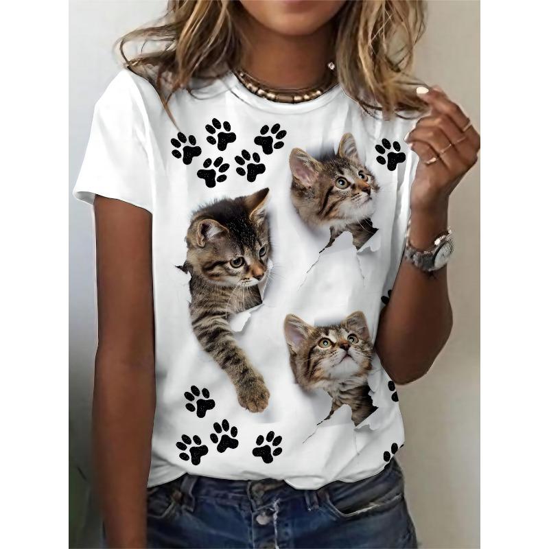 

Cat paw print round neck T-shirt | Spring and summer casual short sleeved top, women s comfortable and fashionable top XL