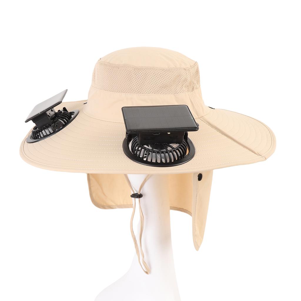 Solar Fan Hat 2 Fan 3 Speed Rechargeable Wide Brim Sun Hat for Outdoor Activities Khaki Color