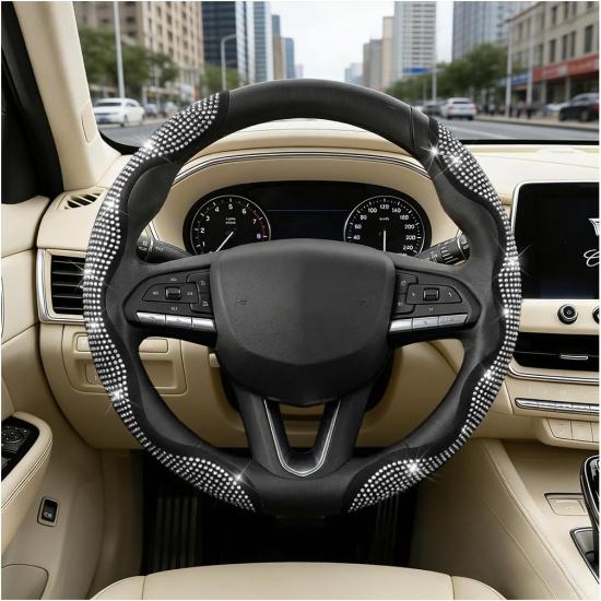 2PCS Bling Car Steering Wheel Cover, Crystal Rhinestones Segmented Vehicle Steering Wheel Wrap Cover, Sparkly Automotive Interior Protective