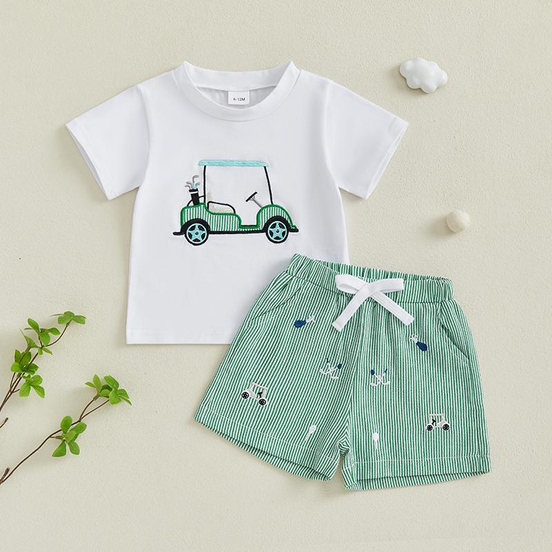 

Summer Baby Boy Clothes Sets Casual Short Sleeve Embroidery Golf Cart T-shirt with Striped Shorts Cotton Tracksuits 2-3Y