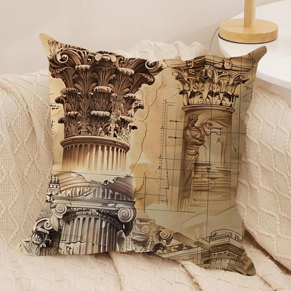 Retro Roman Architectural Cushion Cover Silky Short Plush Invisible Zipper Dustproof Sofa Pillow Case For Home Decor