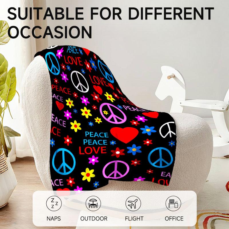Peace & Love themed colorful fleece blanket, perfect for sofa, bed, office. Ideal gift for family, friends, holidays.