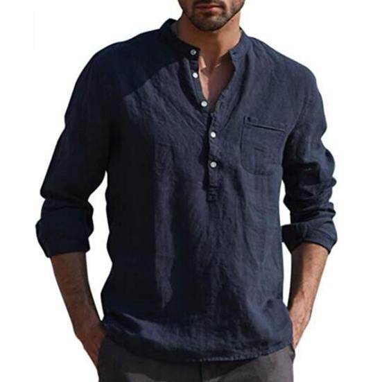 Men Shirt Solid Color Stand Collar Button Casual Spring Top for Daily Wear