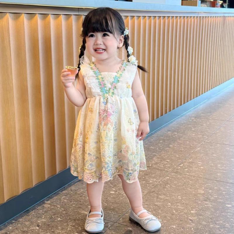 Little Girls Floral Lace Spaghetti Strap Sweet French Vacation Princess Dress 80cm
