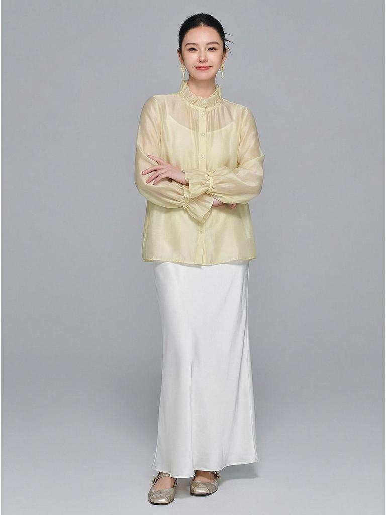 Zhi Hetang Women's Soft Silky Ruffle Long-Sleeve Shirt, New Chinese Style, Spring 2026 Arrival