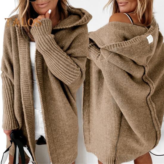 Women Sweater Coat Hooded Long Sleeve Ribbed Cuffs Open Front Knitting Coat Solid Color Mid-length Sweater Cardigan