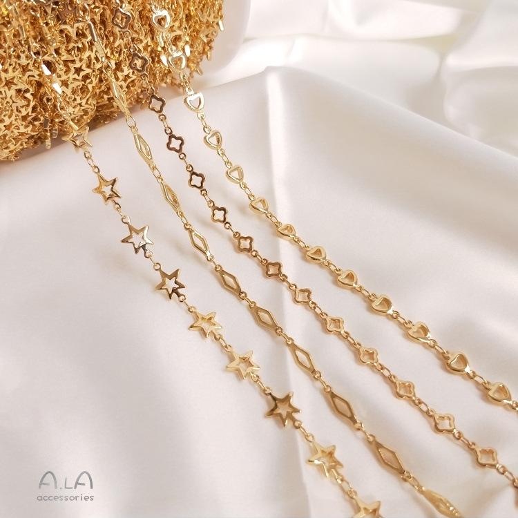 14K Gold Korean Handmade Copper Chain Bag with Star, Heart, Rhombus, and Four-Leaf Clover Charms for DIY Jewelry.