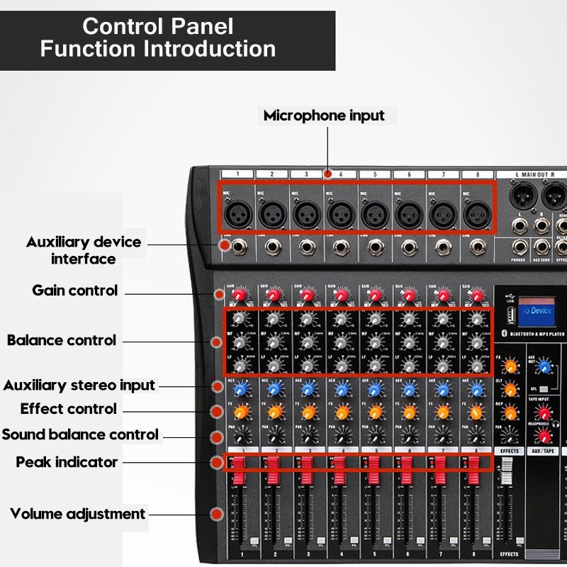 USB 8 Channel Bluetooth Record Computer Playback Phantom Power Effect USB Audio Mixer Sound Mixing Console