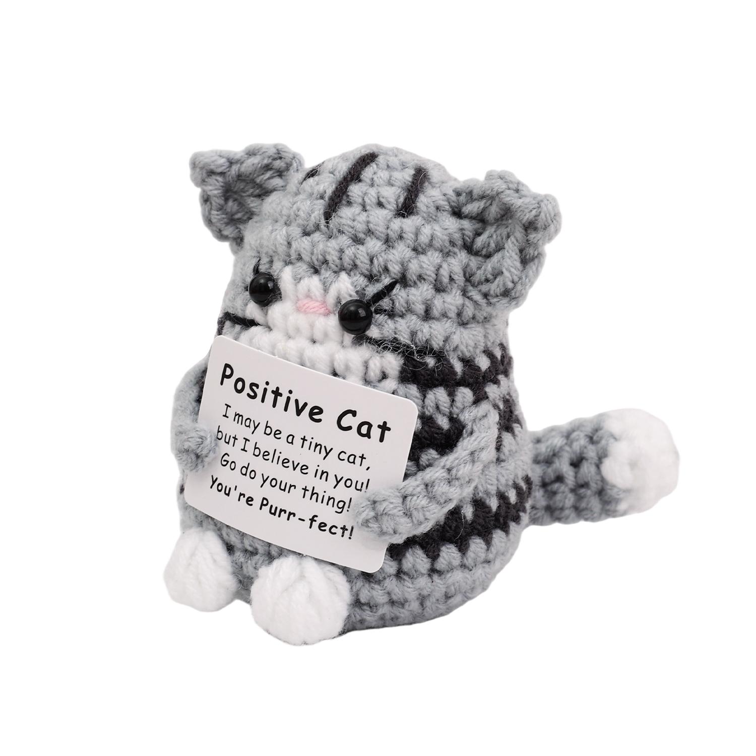 

Handmade Crochet Positive Cat Doll Knitted Emotional Support Animal Desk Decor Ornament with Card Funny Christmas Birthday Gifts