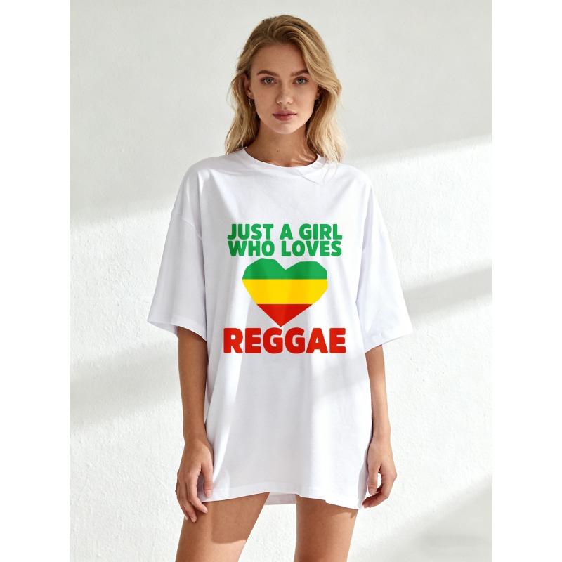 Oversized T Shirt Black Just A Girl Who Loves Reggae With Rasta Heart Print Casual Streetwear For Women Music Festival Party Wear