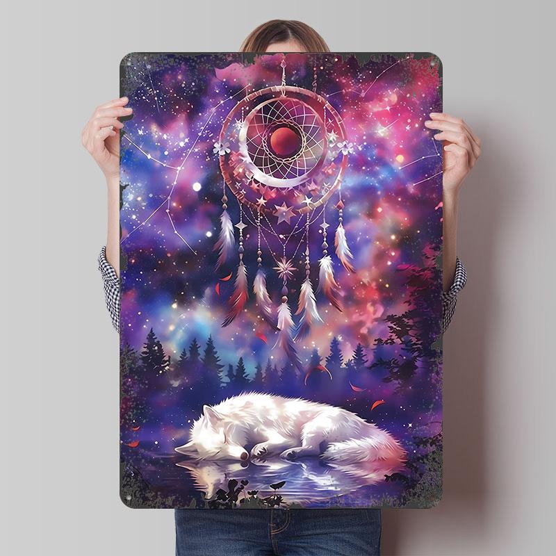 

Dreaming Wolf in Galaxy Tinplate Poster Customized Wall Art Vintage Retro Metal Signs for Room Decoration Garage Decorations 20x30cm（7.8x11.8inch）