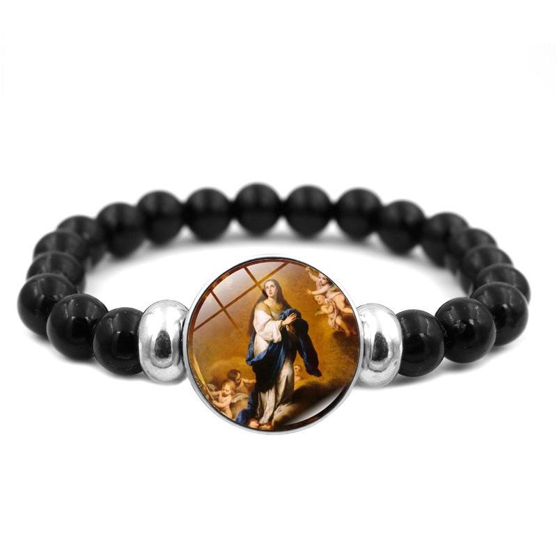 Christliches Jesus-Armband mit schwarzen Perlen, elastischer Schmuck, Jungfrau Maria, Glas-Druckknopf-Armbänder für Männer und Frauen, katholische Geschenke