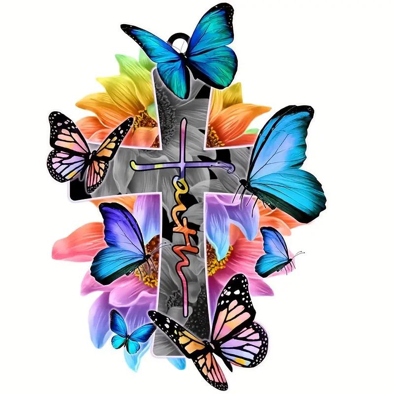 Cross Car Pendant Car InteriorDecorations Christian Religion Blue Butterfly Hanging Ornament Keychain Car Interior Accessories