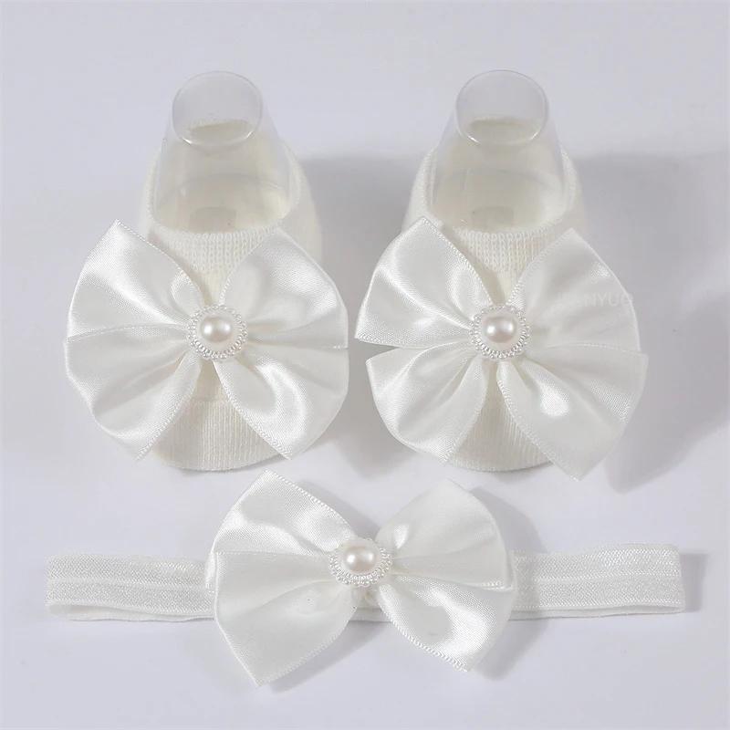 Baby Pearl Bow Solid Color Floor Socks Newborn Infant Knitted Breathable Socks Sweet Cute Girls Princess Children Birthday Gifts