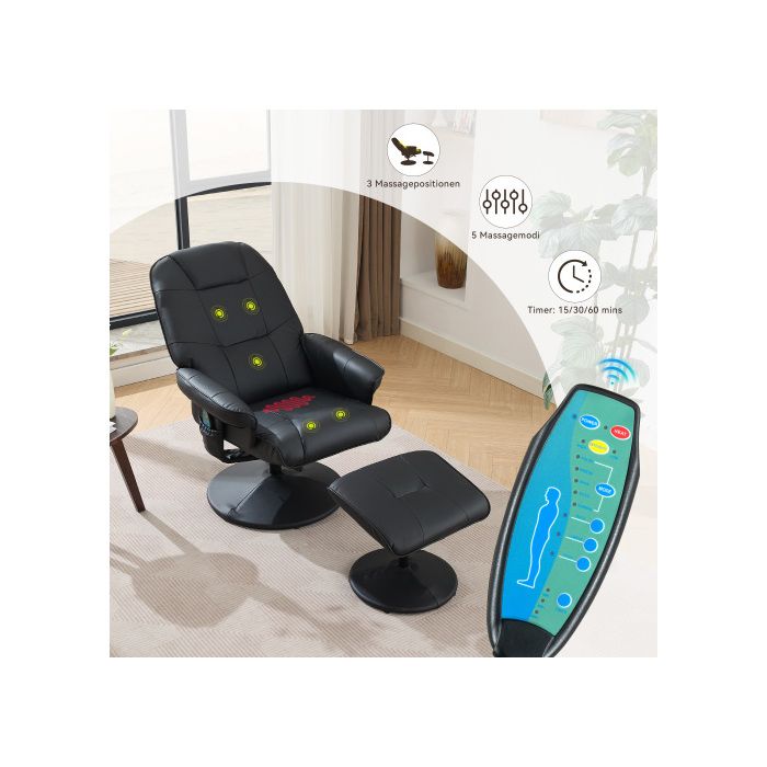 Fauteuil de massage avec fonction inclinable, chauffage et repose-pieds, fauteuil TV relax en tissu PU, rotation à 360°, noir