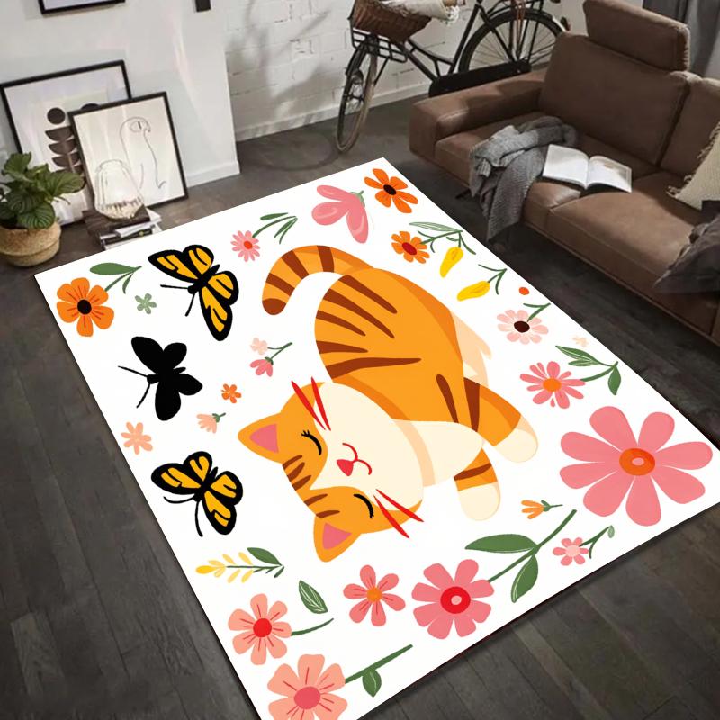 

Cute Orange Cat Rug Floral Butterfly Kids Room Rug Entryway Doormat Non Slip Soft Easy Clean Durable Kawaii Home Decor Carpet 40X60cm