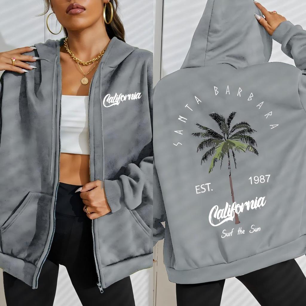 Galafonia Coconut Palm Santa Barbara Print Female Zipper Hoody Hip Hop Fleece Hoodies Streetwear Women Clothing