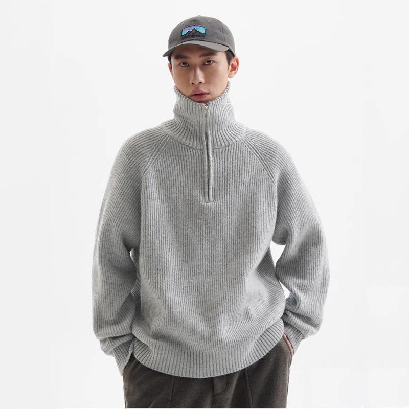 Men's High-Neck Half-Zip Thick Knit Sweater, Retro Loose-Fit Pullover for Autumn/Winter