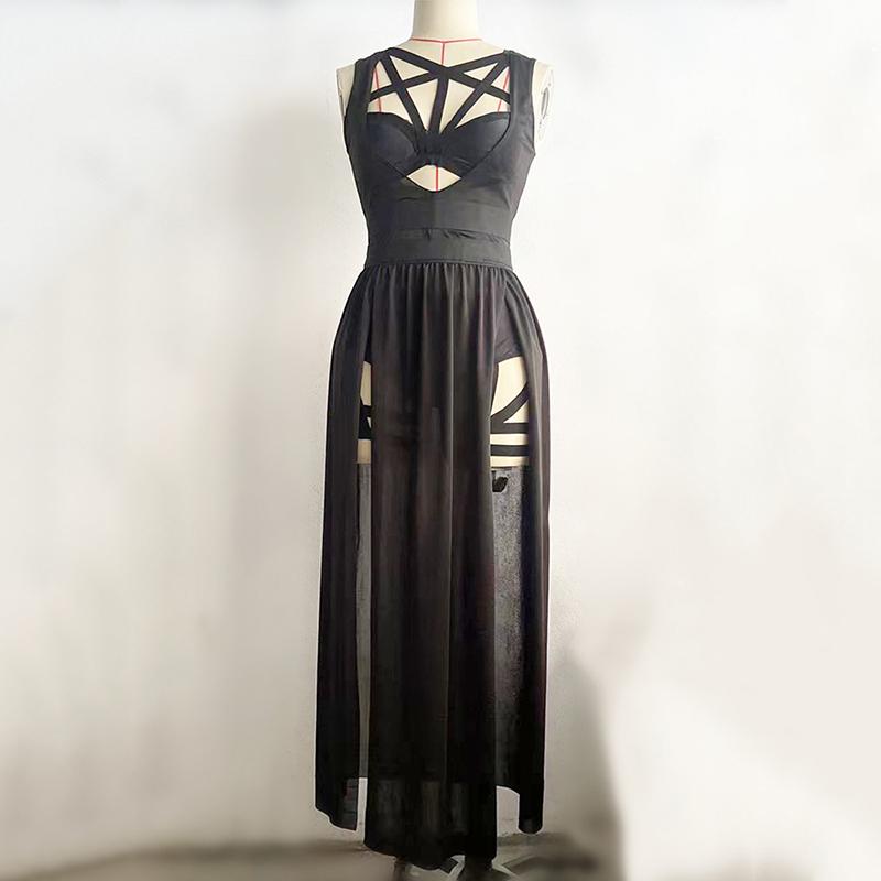 Gothic Club Sexy Summer Skirt Set Women Sleeveless Black Corset Crop Top Bandage Underpants Mesh Split Skirt 3pcs Sets
