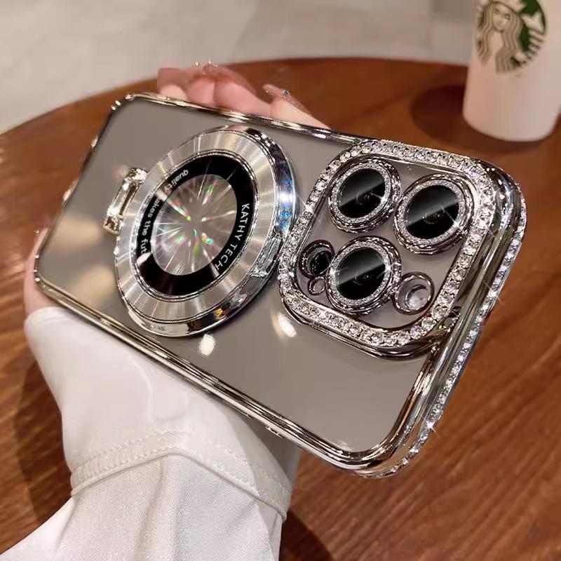 Magnetic Rhinestone Bracket for iPhone 13/14 Pro Max with Electroplated Glitter Lens Film