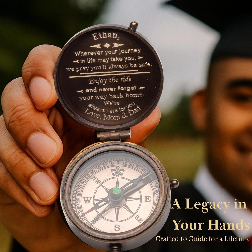 Personalized Brass Pocket Compass Gift for Son Grandson Graduation Keepsake
