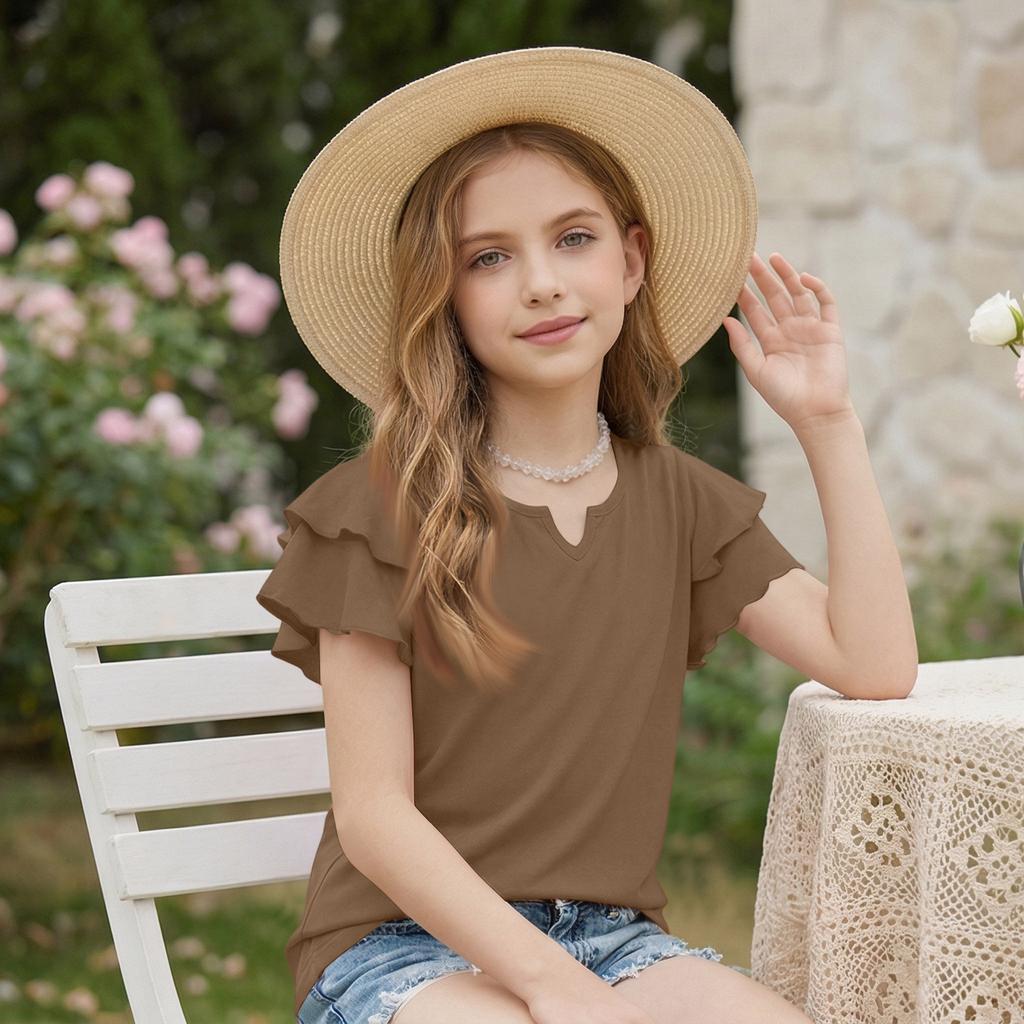 Dziewczęcy T-shirt z dekoltem V i falbanką - Krótki rękaw, letnia bluzka