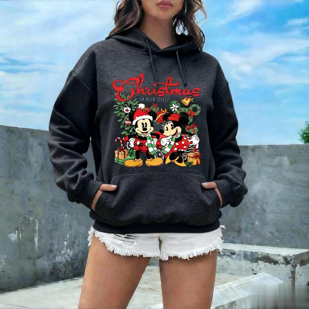 Unisex Christmas Mickey Minnie Print Sweatshirt Women Men Hoodie Graphic Pullover Casual Streetwear Sweater Autumn Winter Disney