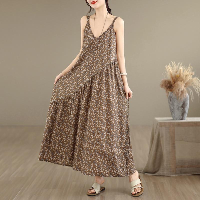 Sleeveless Strap Cotton Vintage Floral New in Dresses For Women Casual Loose Long Summer Dress Elegant Clothing