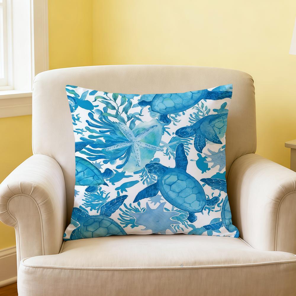 Retro fashion coastal turtle blue white soft Comfortable Pillow Case for Sofa Living Room Home office Decor Protective Covers 30x30CM(12x12in)