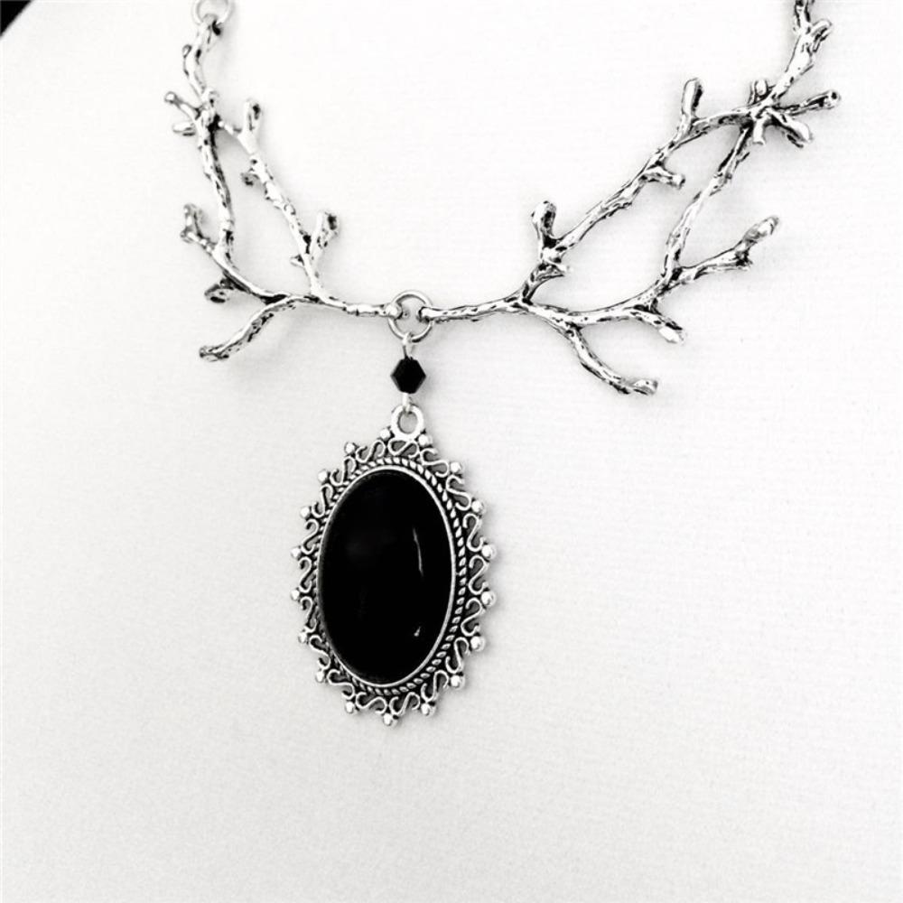 Fashion Gothic Silver Color Tree Branch Oval Lacework Black Imitation Gemstone Pendant Necklace for Women Men Halloween Jewelry