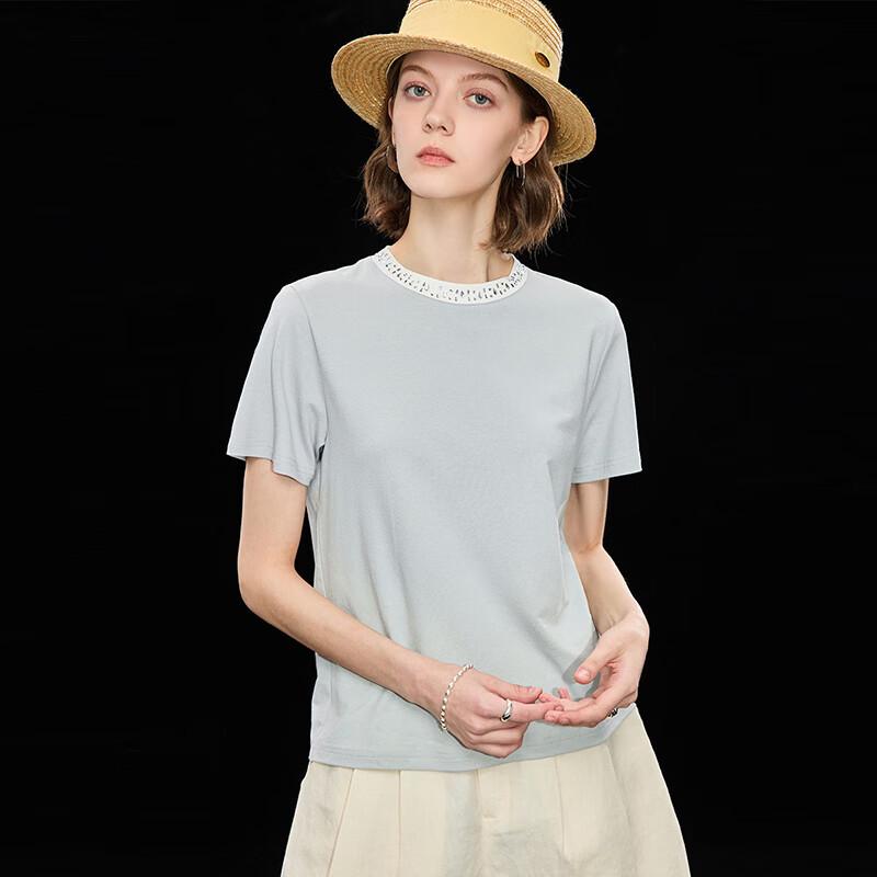 Wudao Women's Modal Faux Two-Piece Beaded T-Shirt