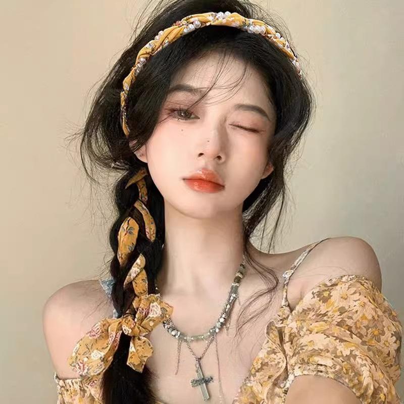 Summer Floral Braided Headband Womens Tied Hair Scarf Floating Headband Headband One System Pearl Tie