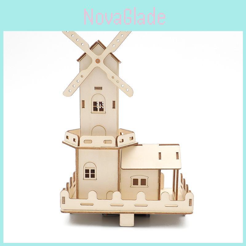 Children's Wooden Diy Dutch Windmill Science Toy Electric Light House Educational Model