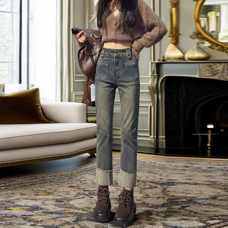 Niche design elastic pipe pants women's double-buckle high-waisted slim-fitting nine-point color matching flanged small straight jeans women