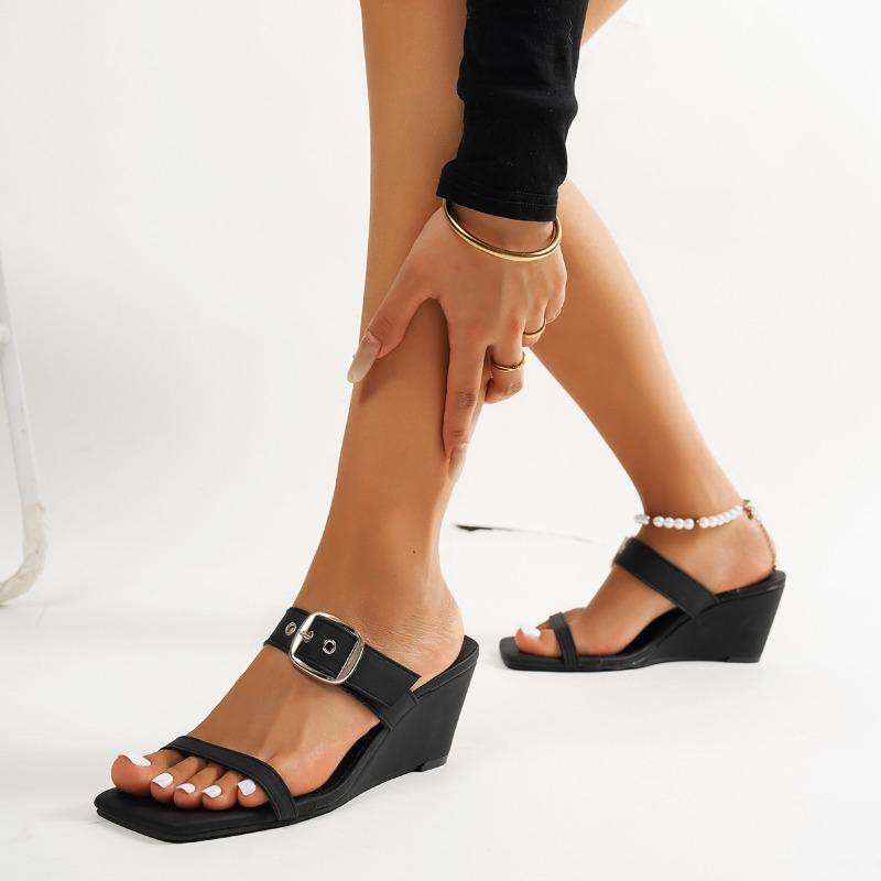 Plus Size Sandals Women's Summer New French Square Toe Rivet One Strap Wear Wedge Sandals and Slippers