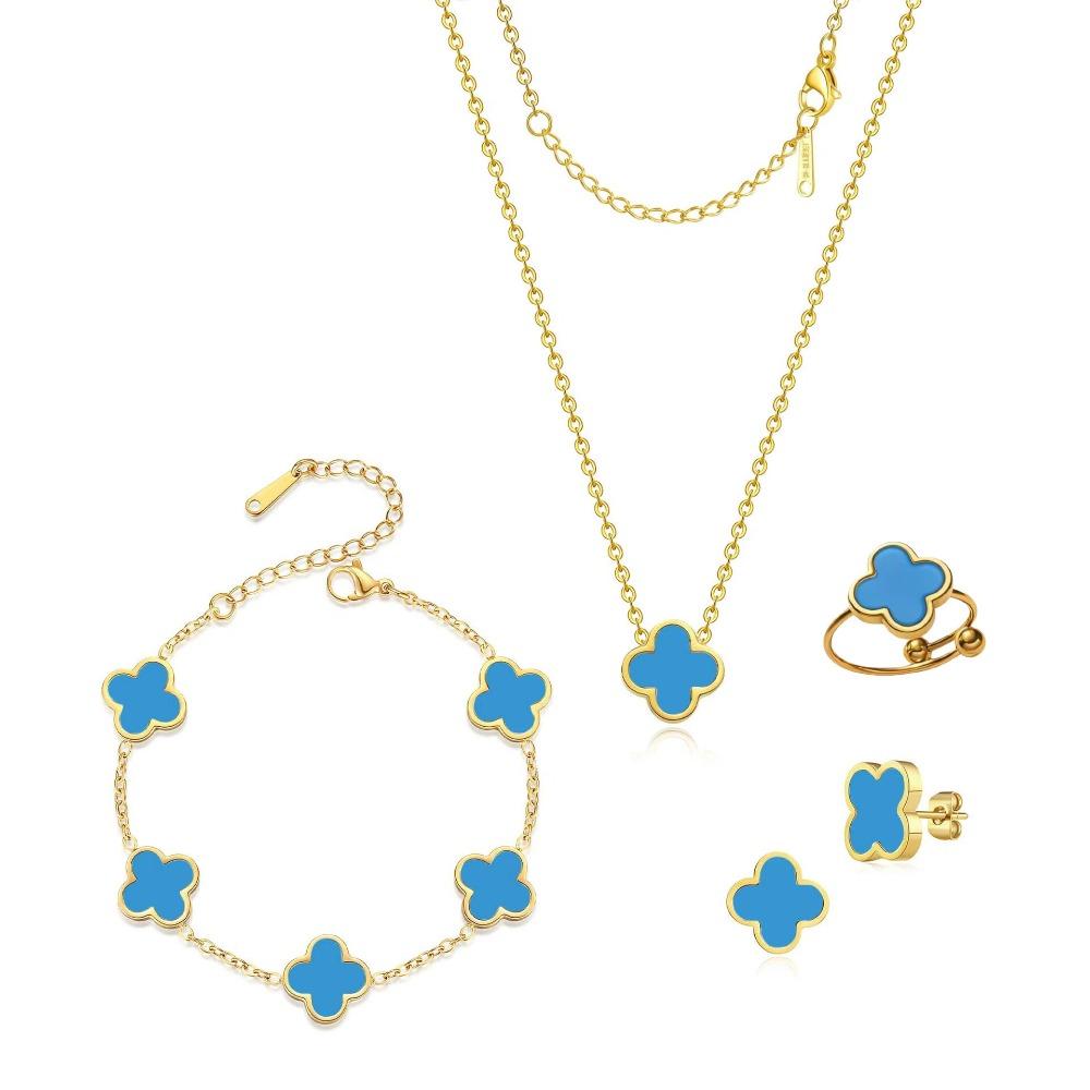 Ensemble Collier Boucles d'Oreilles Bague et Bracelet Trèfle à Quatre Feuilles Double Face Nacre 13mm Acier Titane