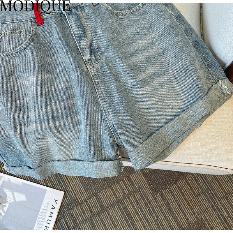 MODIQUE Summer Plus Size Jeans Pantaloni scurti elastici femei largi, drepti, casual, asimetrici, hotsweet, femei, pantaloni de bază cu talie înaltă
