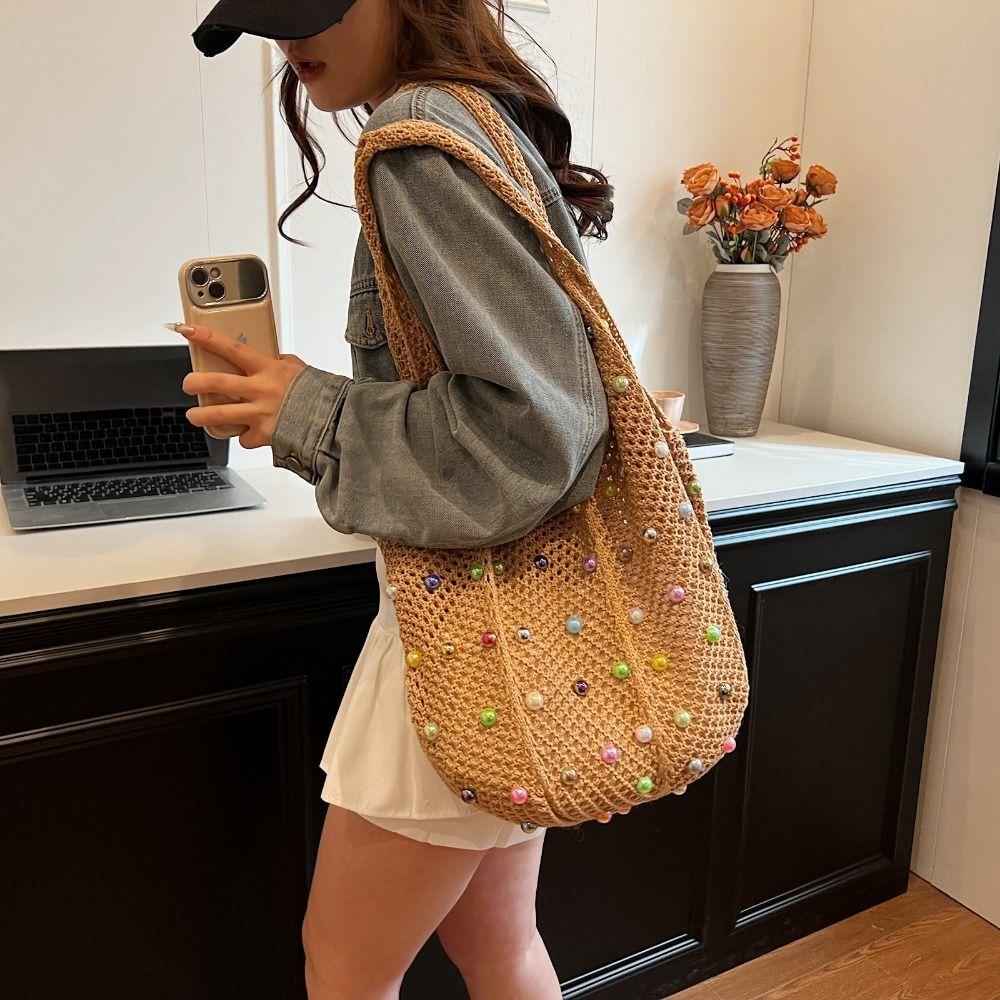 Casual Boho Crochet Beach Tote Bag Hollow with Colored Beads Knitted Bag Handmade Large Capacity Tote Bag
