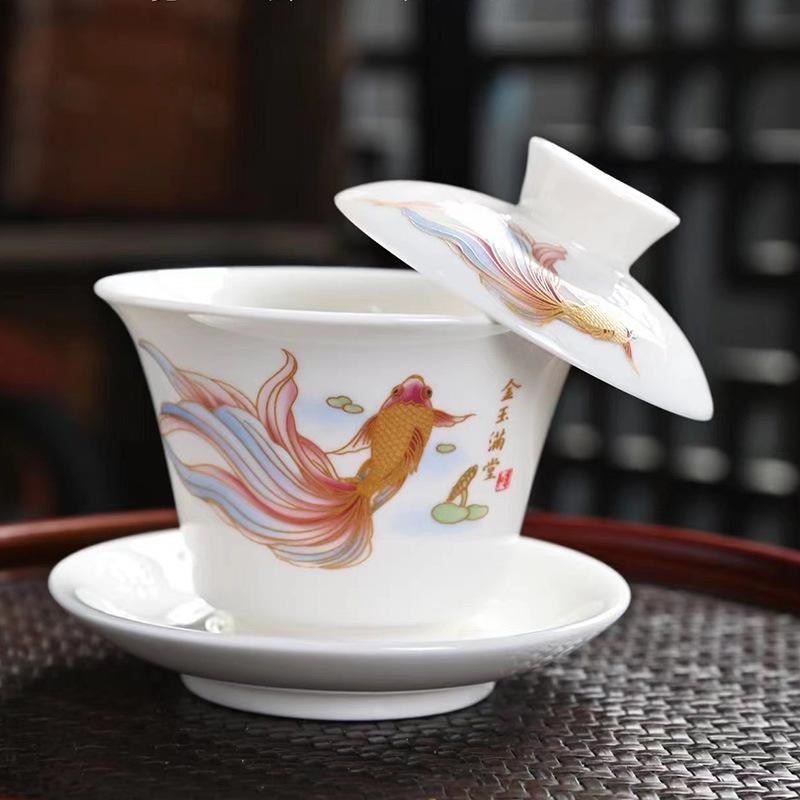 New Ice-White Filament Silver Dragon Hovering Sancai Cover Bowl Kung Fu Tea Set Home Office Light Luxury High-End Tea Cup