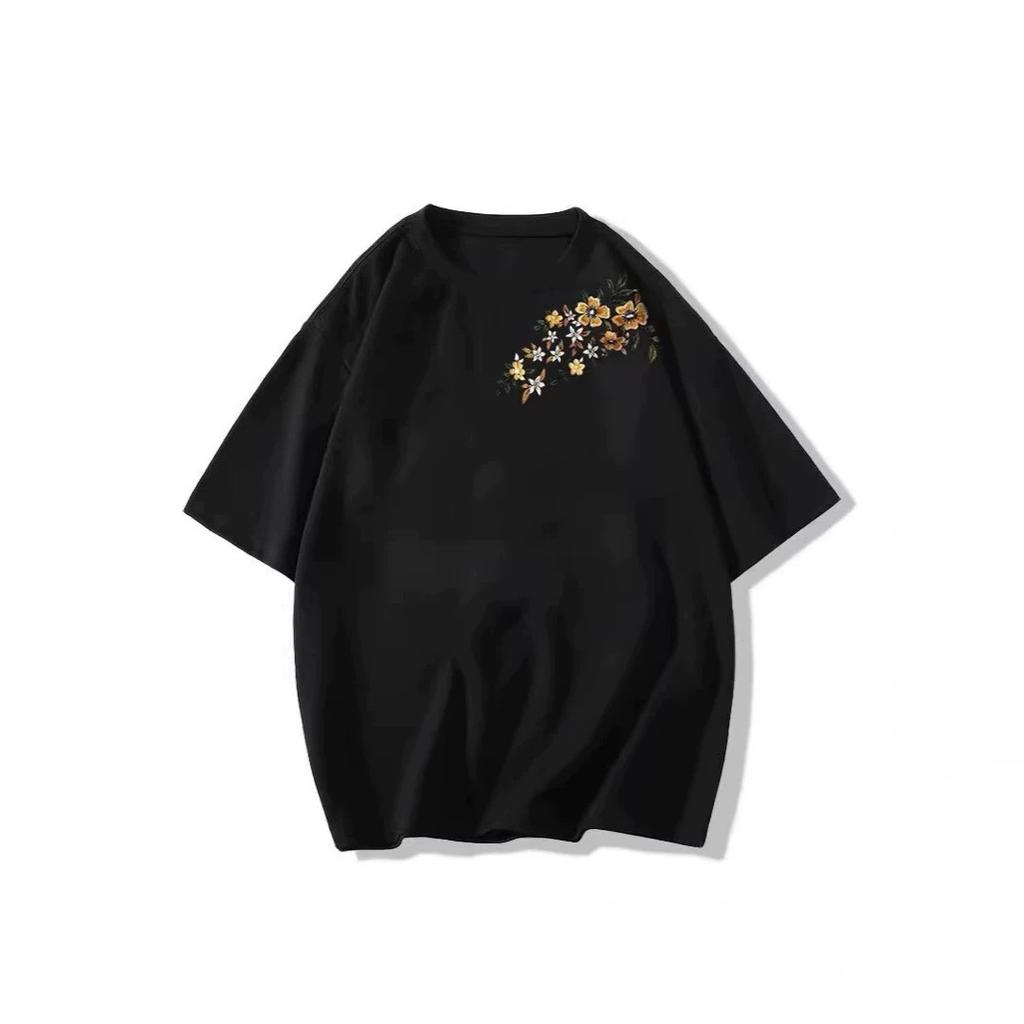 Black Cotton Short-sleeved T-shirt Women's New Summer American Loose Front Shoulder Design Half-sleeved T-shirt Top