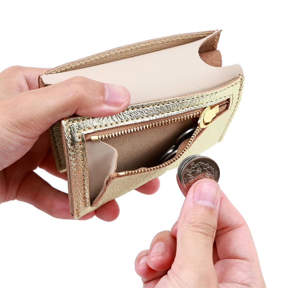 AGILITY affa „Vibret Bifold Wallet“ - Stilvolle Mini-Geldbörse, echtes Leder, Gold und Silber, hergestellt in Japan für Damen.