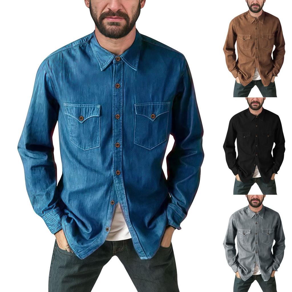 Men's Summer Solid Color Lapel Long Sleeved Shirt Men's Casual Fashion Long Sleeved Shirt